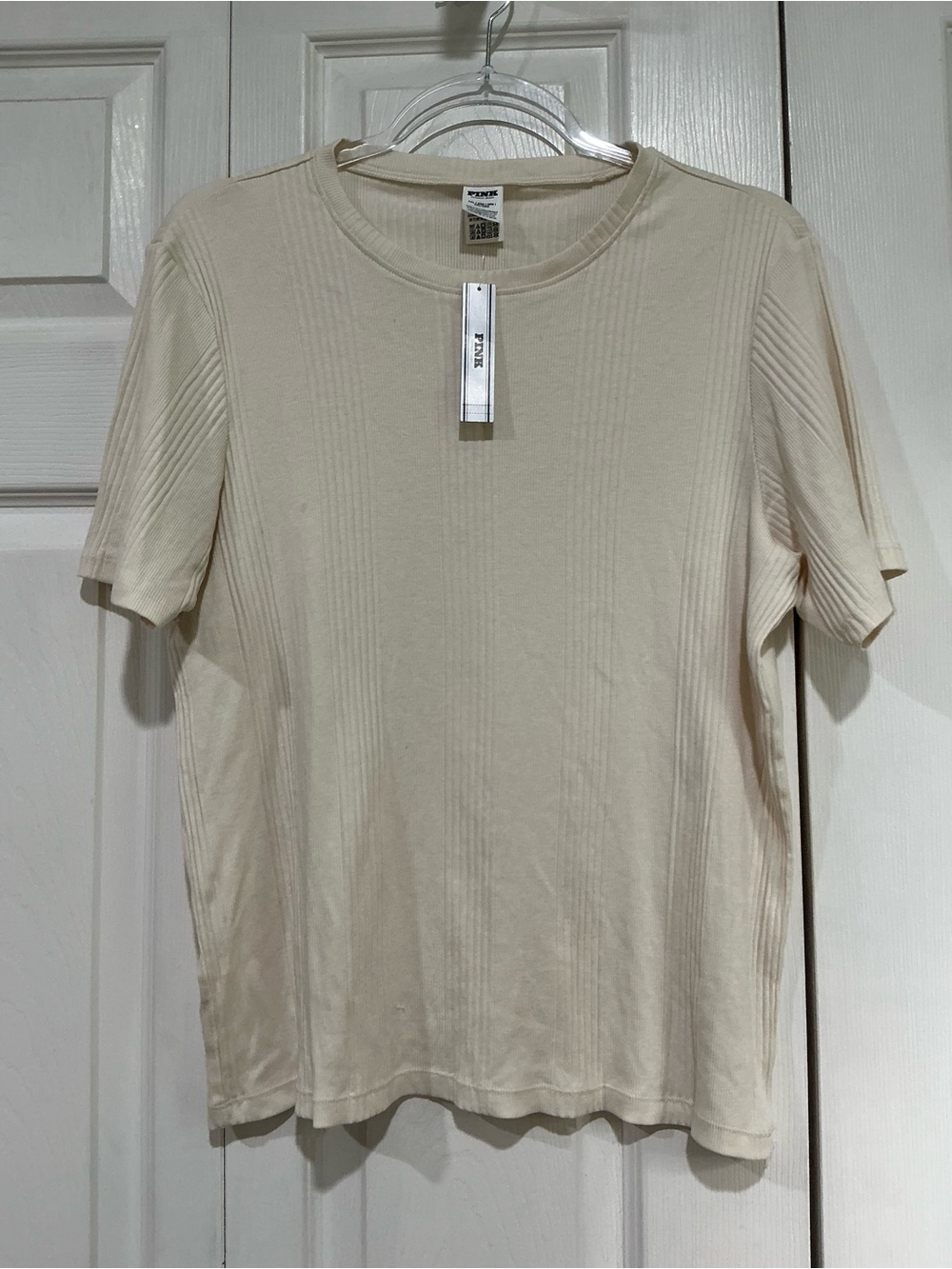 💙 NWT Victoria’s Secret PINK Off-White Ribbed Short Sleeve Shirt - XXL (01610)